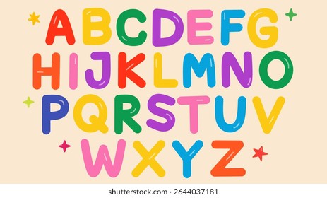 Bright and cheerful uppercase alphabet poster in playful cartoon style. Perfect for kids' rooms, educational materials, school posters, nursery designs, and creative learning visuals for early childho