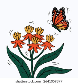 A bright and cheerful vector illustration of a butterfly hovering near Butterfly Weed flowers