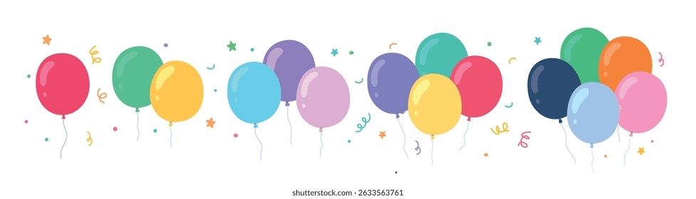 Bright and cheerful vector illustration of colorful balloons with confetti and stars. Perfect for birthday parties, celebrations, festive decorations, invitations, and kids' event designs.