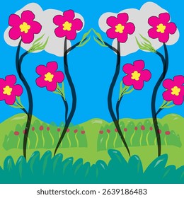 Bright and cheerful vector illustration featuring a beautiful spring scene with blooming pink flowers and a clear blue sky. Perfect for design projects that need a touch of freshness and joy.