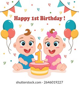 Bright, cheerful vector illustration featuring fraternal twin babies (boy and girl) celebrating their first birthday. 
