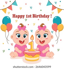 Bright, cheerful vector illustration featuring fraternal twin babies (girl and girl) celebrating their first birthday