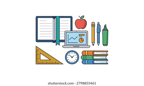 Bright and cheerful vector illustration featuring essential school supplies like notebooks, pencils, a ruler, books, an apple, highlighters, and a laptop displaying charts. Perfect for education, learning, and back-to-school themes.