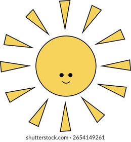 Ilustração vetorial brilhante e alegre de um personagem feliz do sol com um rosto sorridente e raios solares triangulares estilizados.