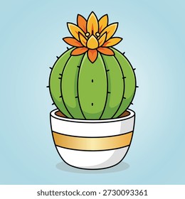 Una Ilustración vectorial brillante y alegre de un cactus verde redondo que crece en una maceta blanca decorativa con una raya dorada, coronada con una flor naranja y amarilla en flor.