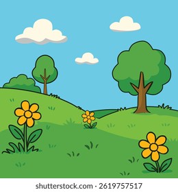 Bright and cheerful vector illustration of a simple cartoon landscape with rolling green hills, trees, yellow flowers, and fluffy white clouds in a blue sky