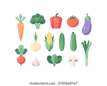Bright and cheerful vector illustration of various fresh vegetables including carrots, broccoli, tomatoes, and more.