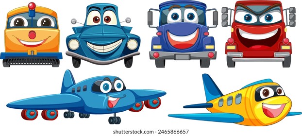 Bright, cheerful vehicles and planes with faces