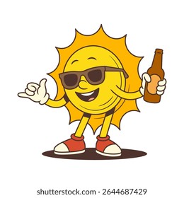 Bright and cheerful vintage sun mascot wearing sunglasses, holding a beer bottle, and showing a hang loose gesture. Ideal for summer, vacation, party and playful branding projects. Vector illustration