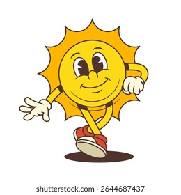 Bright and cheerful vintage sun mascot confidently walking forward with a happy expression. Suitable for summer, vacation, weather, and playful branding projects. Vector illustration