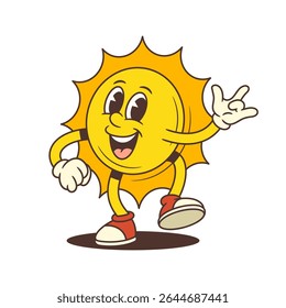 Bright and cheerful vintage sun mascot with a wide smile showing ILY hand gesture. Suitable for summer, vacation, weather, and playful branding projects. Vector illustration.