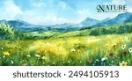 bright and cheerful watercolor scene of a blooming meadow in spring, with wildflowers and distant rolling hills