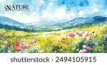 bright and cheerful watercolor scene of a blooming meadow in spring, with wildflowers and distant rolling hills