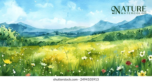 bright and cheerful watercolor scene of a blooming meadow in spring, with wildflowers and distant rolling hills