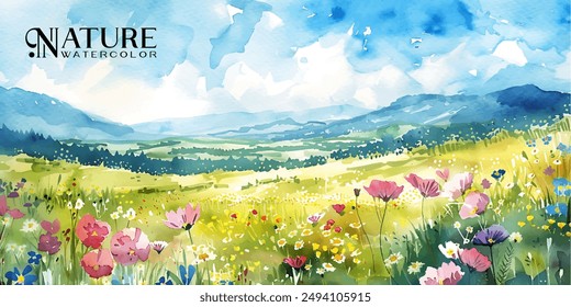 bright and cheerful watercolor scene of a blooming meadow in spring, with wildflowers and distant rolling hills