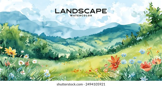 bright and cheerful watercolor scene of a blooming meadow in spring, with wildflowers and distant rolling hills