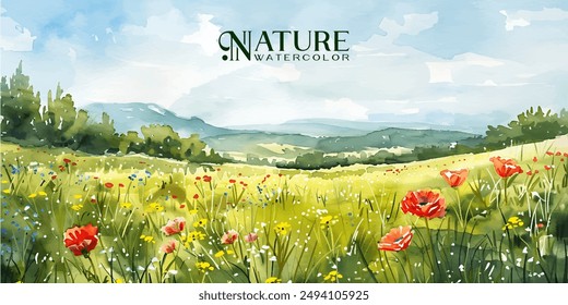 bright and cheerful watercolor scene of a blooming meadow in spring, with wildflowers and distant rolling hills