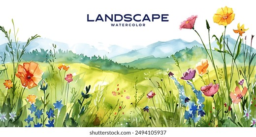 bright and cheerful watercolor scene of a blooming meadow in spring, with wildflowers and distant rolling hills