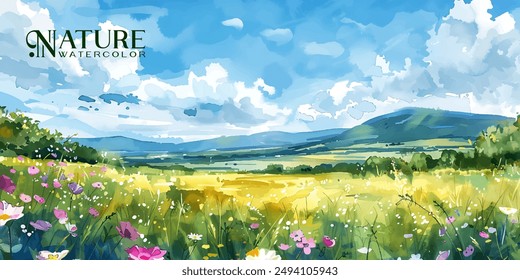 bright and cheerful watercolor scene of a blooming meadow in spring, with wildflowers and distant rolling hills