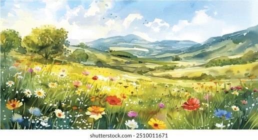 Bright and Cheerful Watercolor Scene: Blooming Meadow in Spring with Wildflowers and Rolling Hills