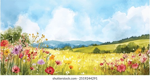 Escena de acuarela brillante y alegre de un prado floreciente en primavera con flores silvestres y colinas lejanas