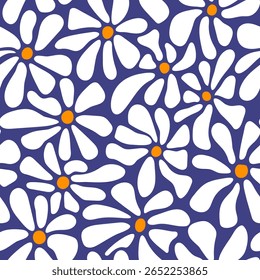Bright and cheerful white daisies with vivid orange centers create a high-contrast, playful design over a blue backdrop. Ideal for modern prints, kids' fashion, and summer accessories.
