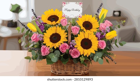 Bright and cheerful wicker basket filled with large sunflowers and pink roses accompanied by a Happy Birthday card on a table.