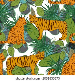 Bright Cheetah Vector Seamless Pattern. Fabric Jaguar and Palm Illustration. African Print. Tiger and Leaves Cartoon Safari Background.