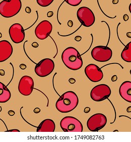 Bright cherries and cherry seeds vector seamless pattern for decoration, wrapping paper, textile.