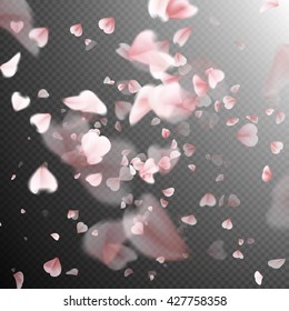 Bright cherry petals fall down. A lot of pink petals on transparent background. Nature backdrop. EPS 10 vector file included