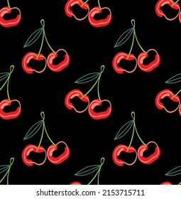 Bright cherry is scattered on the black background. Seamless pattern with a berry in the doodle style. Drawn by ink.