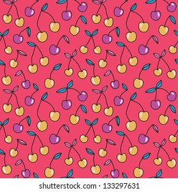 Bright cherry seamless pattern. Abstract fruit background. Hand drawn berries. Vector illustration
