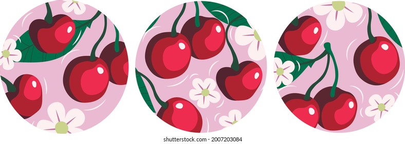 Bright cherry for social media cover lighting. Cherries with leaves and flowers. Stories. Suitable for making stickers. Round icon 