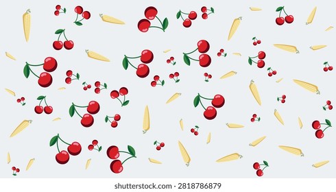 Bright cherry and wafer cookies pattern against a white background vibrant fresh food design for culinary or dessert concepts appealing and lively