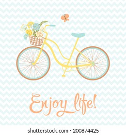 Bright chevron card with cute cartoon bike with flowers in basket. Enjoy life - inspiration quotes. Vector illustration.