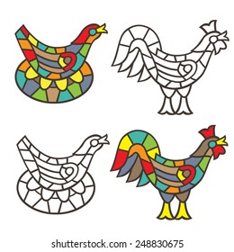 Bright chicken and eggs in a nest, cockerel in the style of stained glass. Coloring book. Vector illustration.