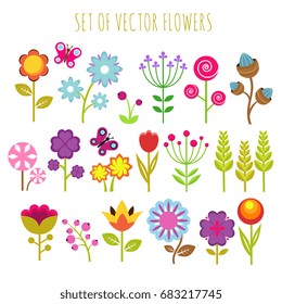 Bright child garden flowers and butterfly vector set. Colored flower for garden with butterfly illustration