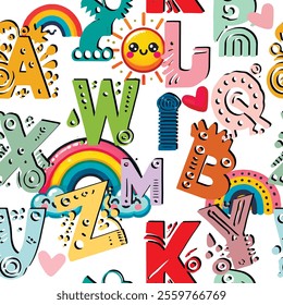 Bright childish baby seamless vector pattern with colorful letters of the alphabet in a fun and playful style. Funny repeating  white background with cartoon letters, abc, rainbow, sun, love hearts.