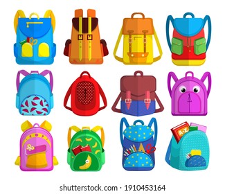 Bright childish backpacks collection. Colorful schoolbags for primary school kids with books and supplies in open pockets, bags and rucksacks. Flat vector illustration set isolated on white background