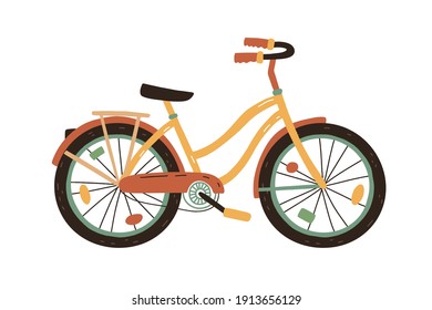 Bright childish bicycle or bike decorated with illumination on wheel spokes. Colorful flat vector illustration isolated on white background