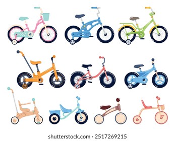 Brillantes bicicletas infantiles. Transporte de los niños de la historieta, juegos activos, vehículos del color, diversos marcos, tipos del manubrio y de las ruedas, estilo plano colorido de la historieta del triciclo aislado conjunto de Vector