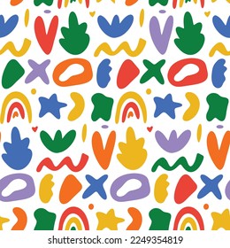 Patrón inmaculado de color infantil brillante con formas orgánicas simples. Fondo vectorial con manchas, manchas en fondo blanco. Papel de fondo abstracto al azar líquido moderno de moda arco iris