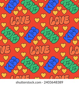 Bright childish retro 90s style pattern with word. Hand drawn words kiss, love, xoxo in bubble, street style graffiti style. Hearts on red background. Perfect for Valentines background.