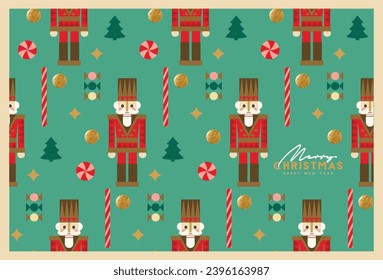 Bright Childish Seamless Christmas pattern with Nutcracker and other Christmas elements. Christmas gift wrapping paper or background design. Christmas postcard.