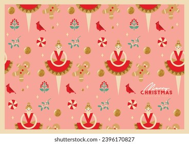 Bright Childish Seamless Christmas pattern  with Ballerina, Gingerbread man and other Christmas elements. Christmas gift wrapping paper design.Christmas wallpaper or greeting card.