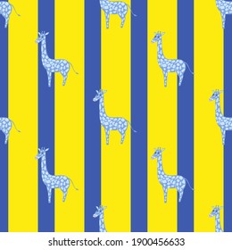 Bright childish seamless pattern with blue giraffe silhouettes. Navy blue and yellow striped background. Vector illustration for seasonal textile prints, fabric, banners, backdrops and wallpapers.