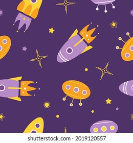 Bright childish seamless pattern. Cartoon style. Space, shuttle, ufo, stars, rockets. For nursery, wallpaper, printing on fabric, wrapping, background. In violet-yellow-orange colors. World UFO Day.