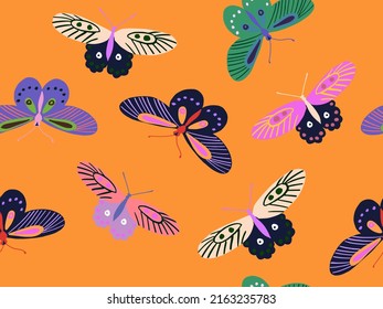Bright childish seamless pattern with colorful butterflies. Hand drawn doodle butterflies in naive style