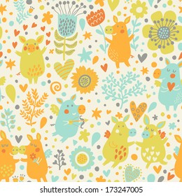 Bright childish seamless pattern with cute piglets in hearts and flowers. Valentines day romantic concept card in vector. Seamless pattern can be used for wallpapers, pattern fills. 