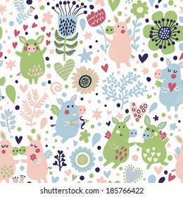 Bright childish seamless pattern with cute piglets in hearts and flowers. Valentines day romantic concept card in vector. Seamless pattern can be used for wallpapers, pattern fills.